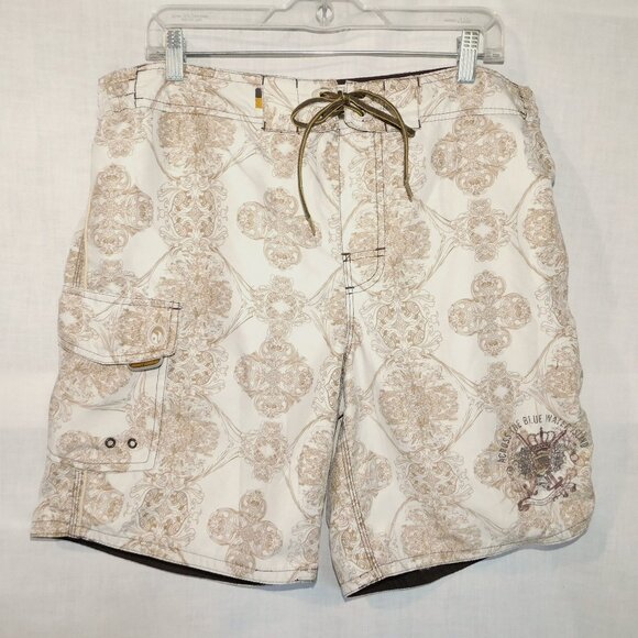 Point Zero Mens L Cream Brown Patterned Lined Paradise Island Board Swim Shorts - Picture 1 of 12